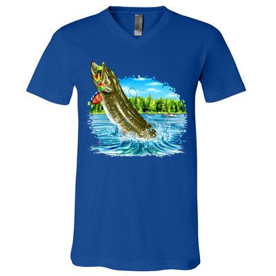 Wildlife - Fishing Muskie Fish Portrait V-Neck T-Shirt