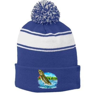 Wildlife - Fishing Muskie Fish Portrait Stripe Pom Pom Beanie