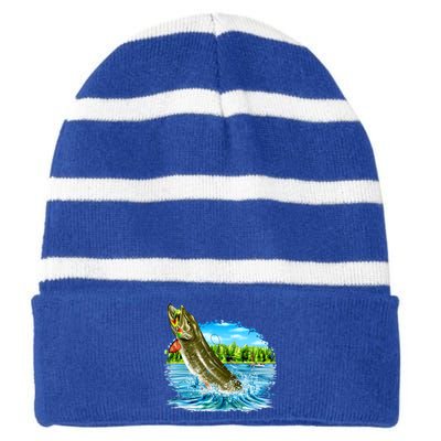 Wildlife - Fishing Muskie Fish Portrait Striped Beanie with Solid Band