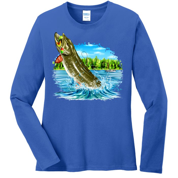 Wildlife - Fishing Muskie Fish Portrait Ladies Long Sleeve Shirt