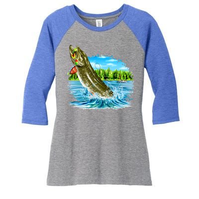 Wildlife - Fishing Muskie Fish Portrait Women's Tri-Blend 3/4-Sleeve Raglan Shirt