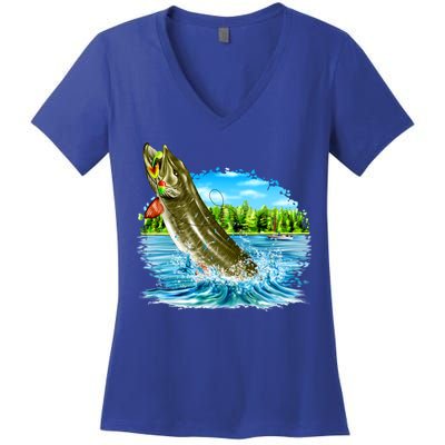 Wildlife - Fishing Muskie Fish Portrait Women's V-Neck T-Shirt