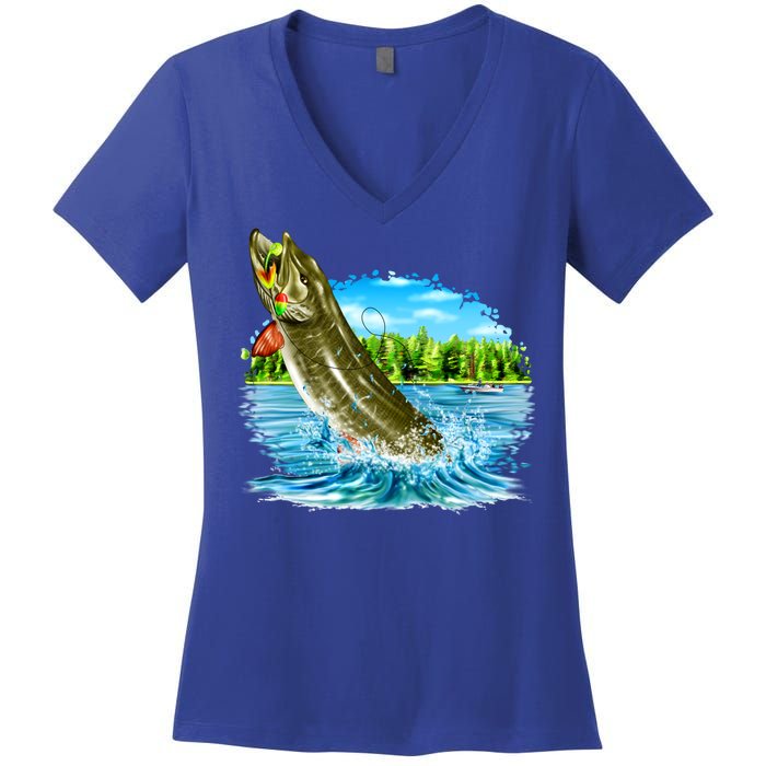 Wildlife - Fishing Muskie Fish Portrait Women's V-Neck T-Shirt