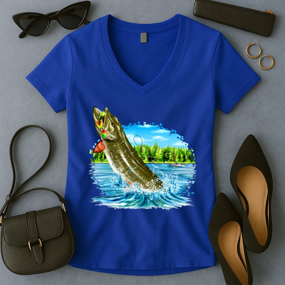 Wildlife - Fishing Muskie Fish Portrait Women's V-Neck T-Shirt