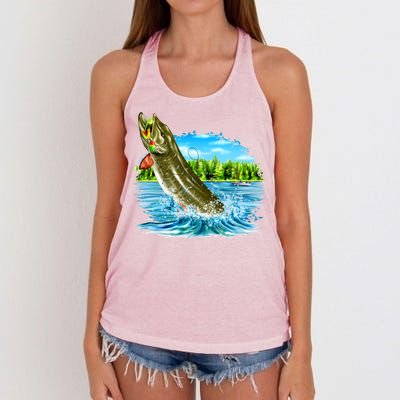 Wildlife - Fishing Muskie Fish Portrait Women's Knotted Racerback Tank