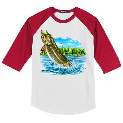 Wildlife - Fishing Muskie Fish Portrait Kids Colorblock Raglan Jersey