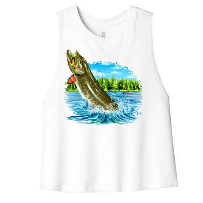 Wildlife - Fishing Muskie Fish Portrait Women's Racerback Cropped Tank