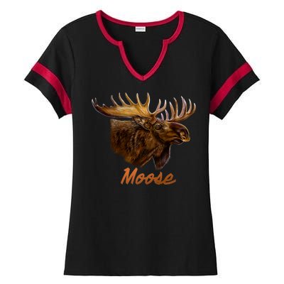 Wildlife - Moose Head Portrait Ladies Halftime Notch Neck Tee