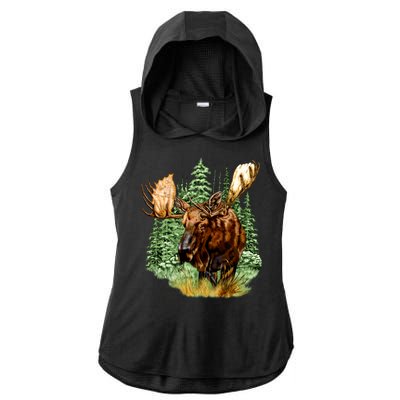 Wildlife - Moose Portrait Ladies PosiCharge Tri-Blend Wicking Draft Hoodie Tank