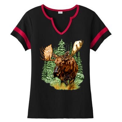 Wildlife - Moose Portrait Ladies Halftime Notch Neck Tee