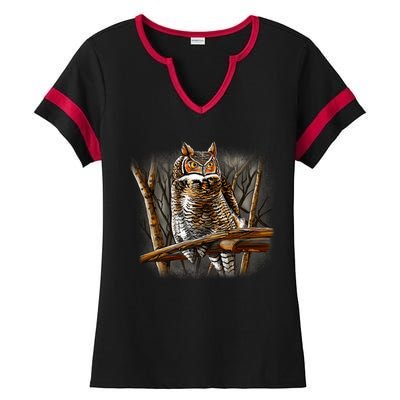 Wildlife - Owl Perched Ladies Halftime Notch Neck Tee