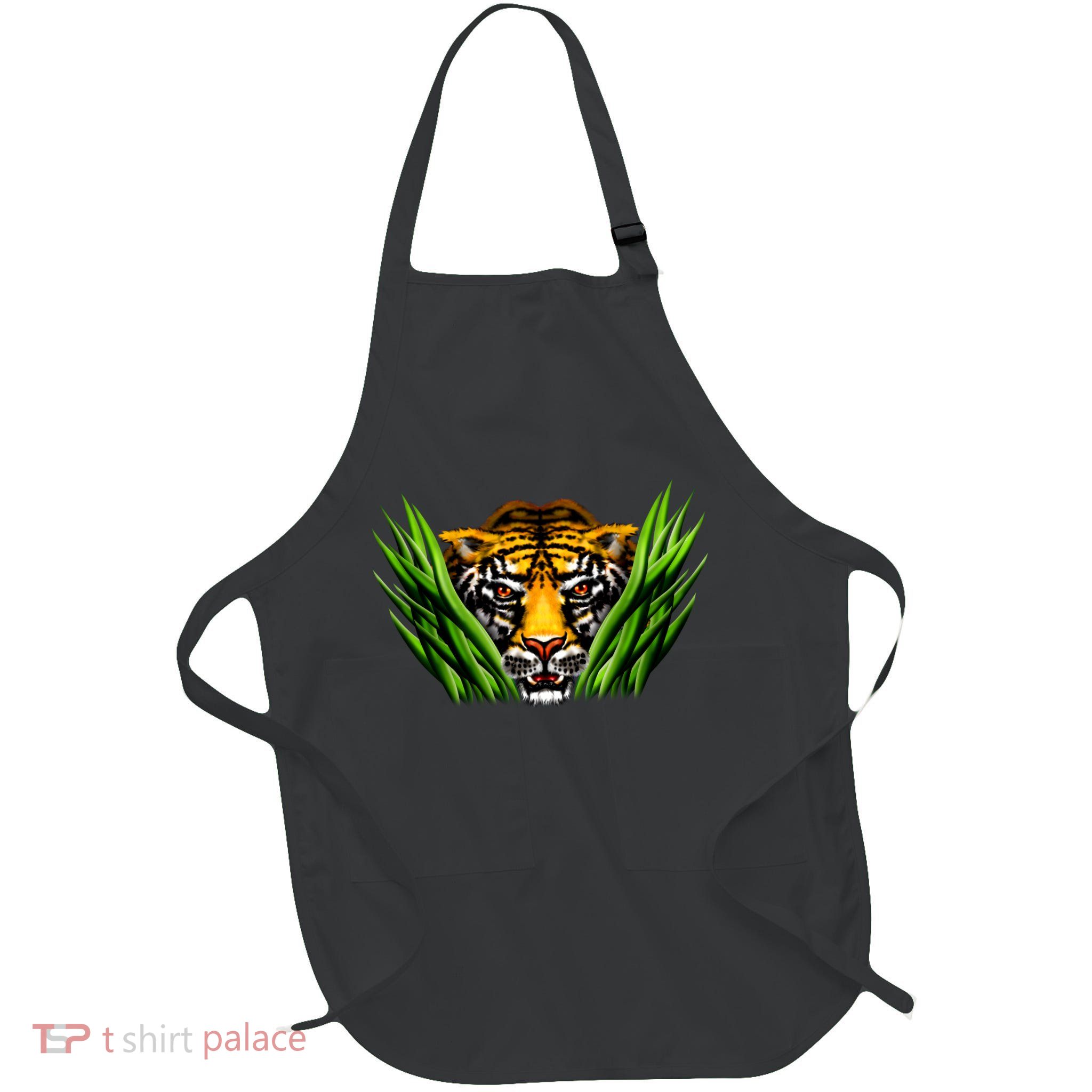 Wildlife - Tiger In Grass Portrait Full-Length Apron With Pockets