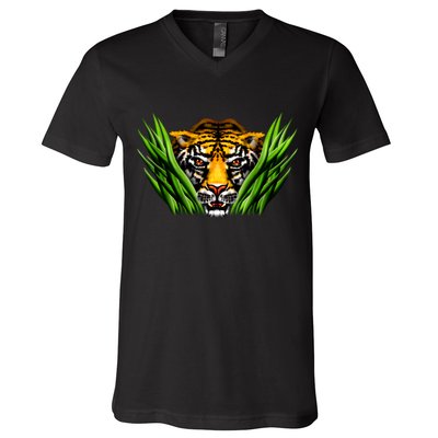 Wildlife - Tiger In Grass Portrait V-Neck T-Shirt