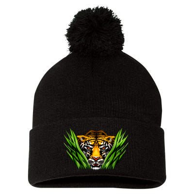 Wildlife - Tiger In Grass Portrait Pom Pom 12in Knit Beanie