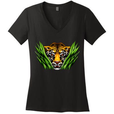 Wildlife - Tiger In Grass Portrait Women's V-Neck T-Shirt