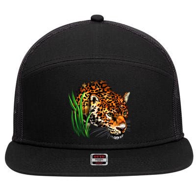 Wildlife Big Face Jaguar In Grass Portrait 7 Panel Mesh Trucker Snapback Hat