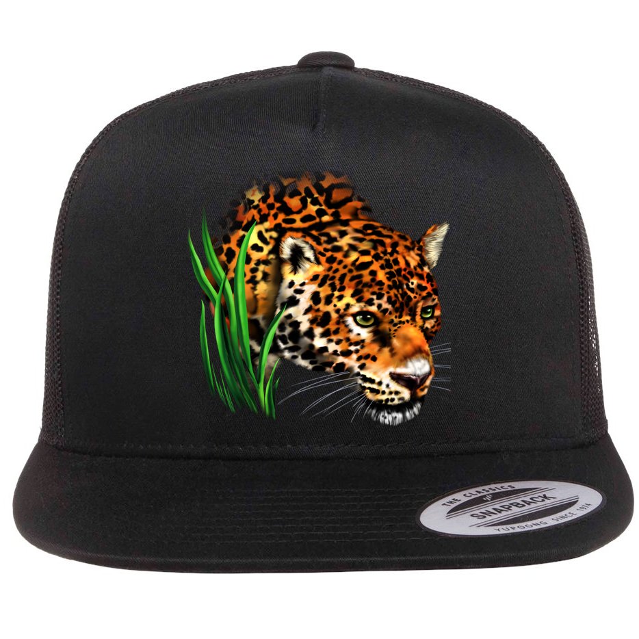 Wildlife Big Face Jaguar In Grass Portrait Flat Bill Trucker Hat