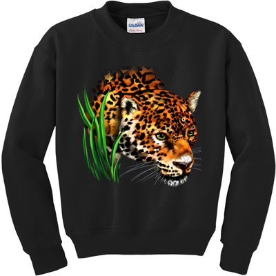 Wildlife Big Face Jaguar In Grass Portrait Kids Sweatshirt