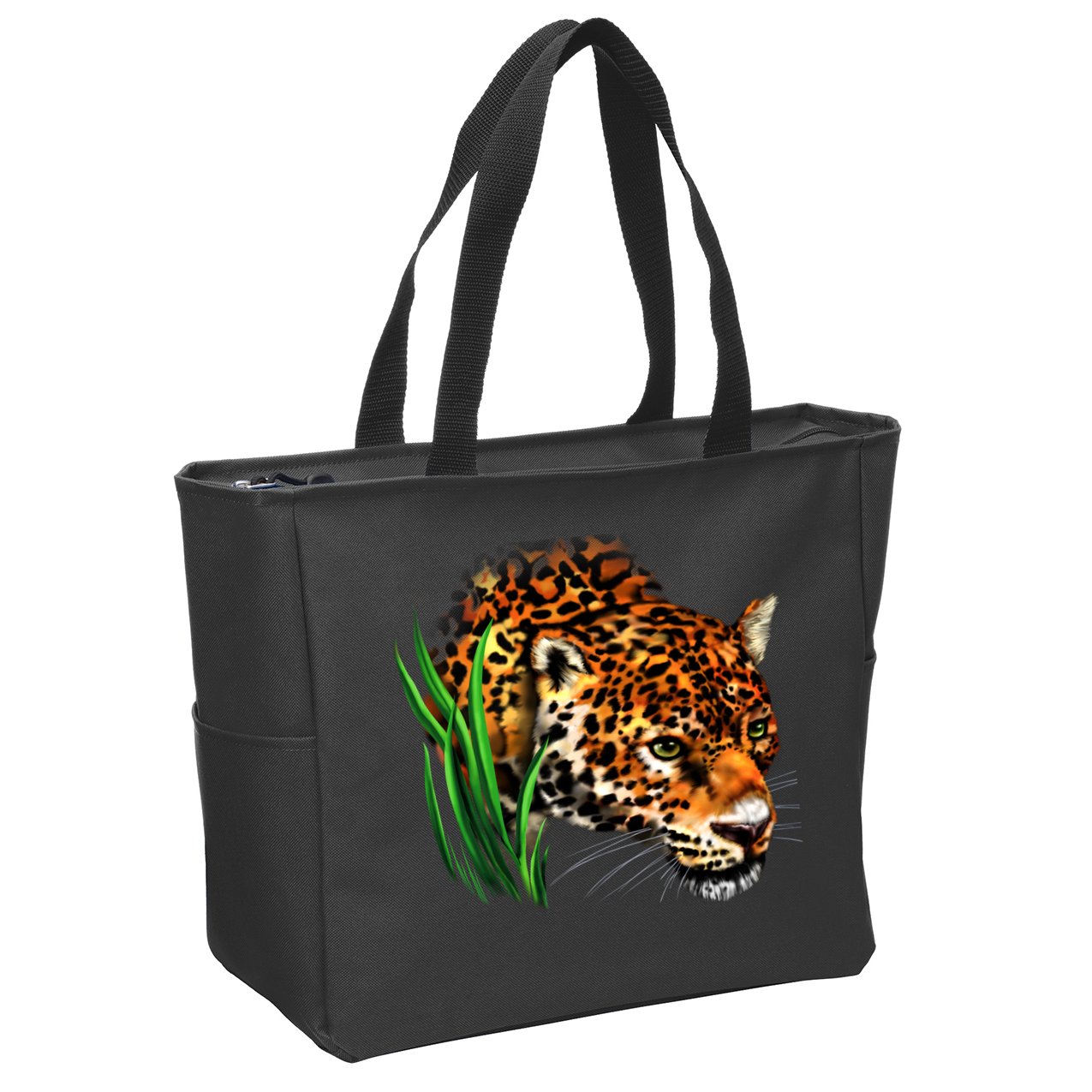 Wildlife Big Face Jaguar In Grass Portrait Zip Tote Bag