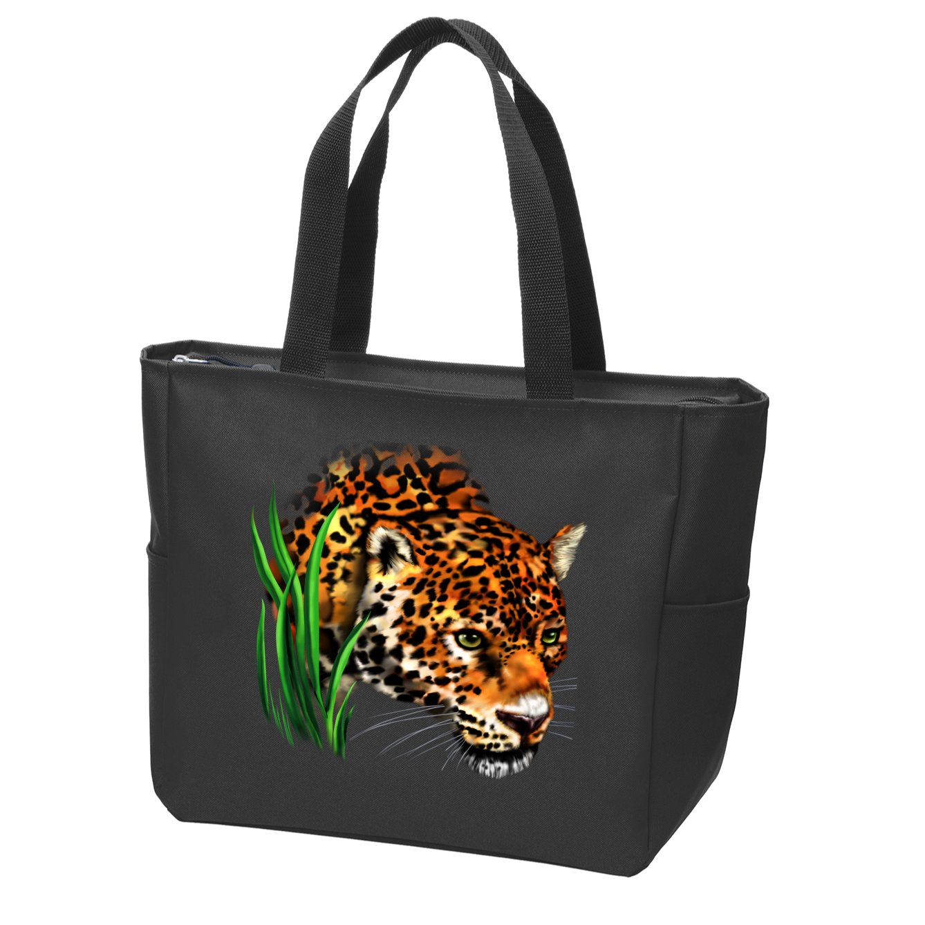 Wildlife Big Face Jaguar In Grass Portrait Zip Tote Bag