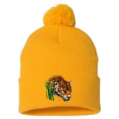 Wildlife Big Face Jaguar In Grass Portrait Pom Pom 12in Knit Beanie