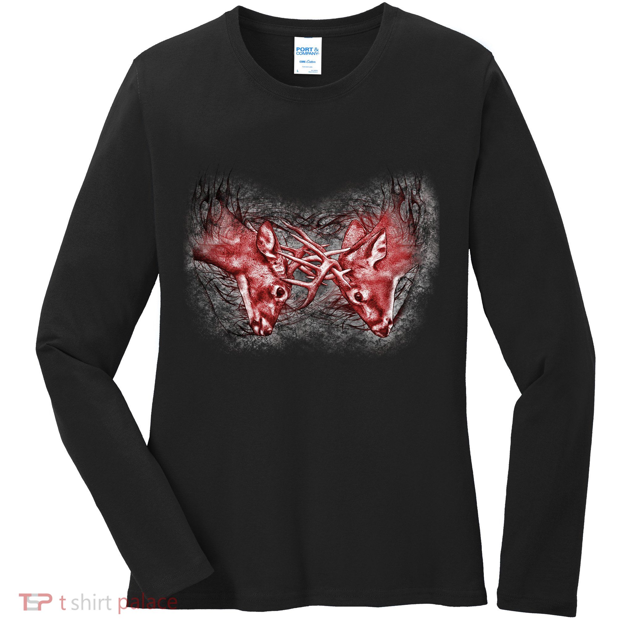 Wildlife Deer Fighting Bucks Ladies Long Sleeve Shirt
