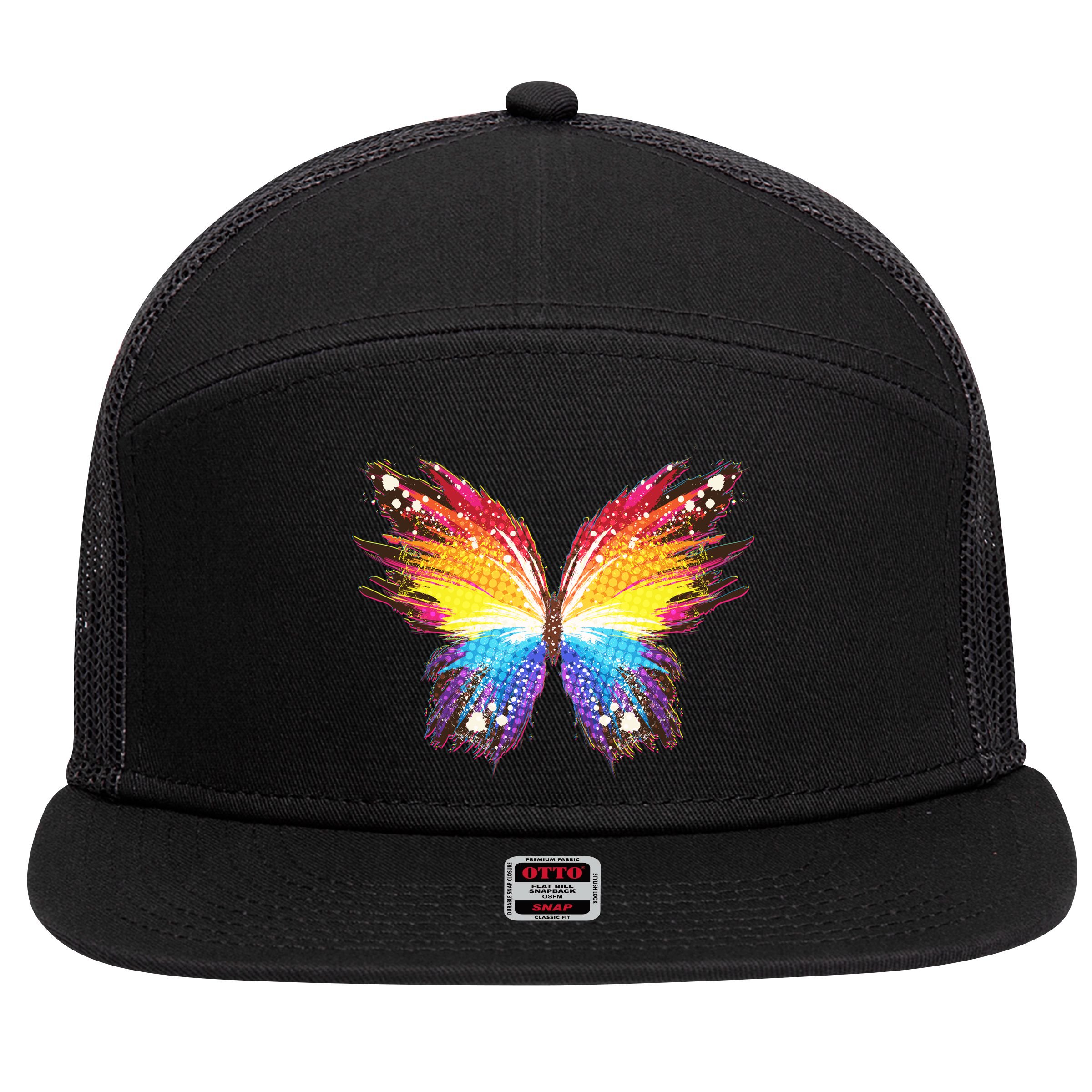 Wildly Painted Rainbow Butterfly 7 Panel Mesh Trucker Snapback Hat