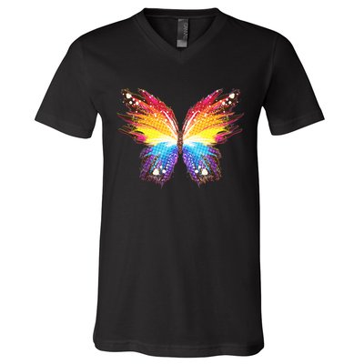 Wildly Painted Rainbow Butterfly V-Neck T-Shirt