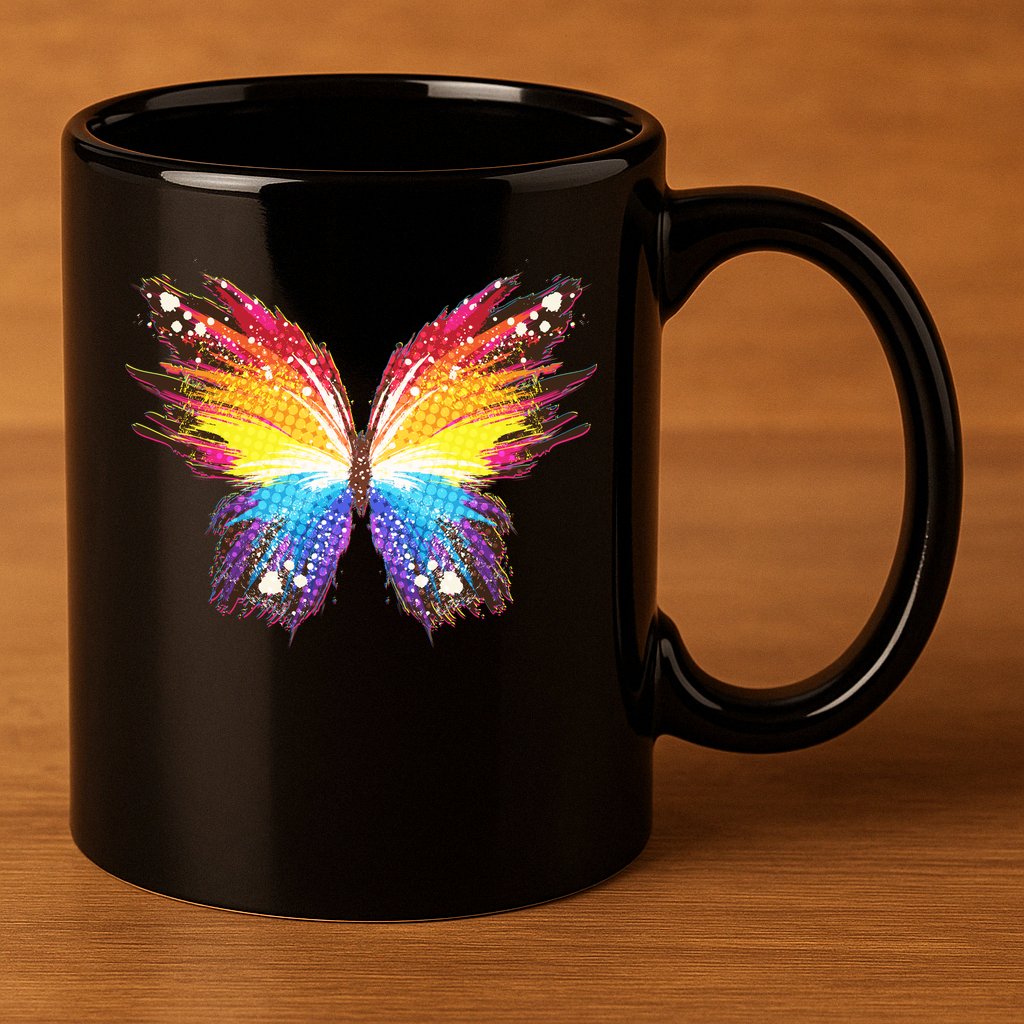 Wildly Painted Rainbow Butterfly 11oz C Handle Ceramic Mug