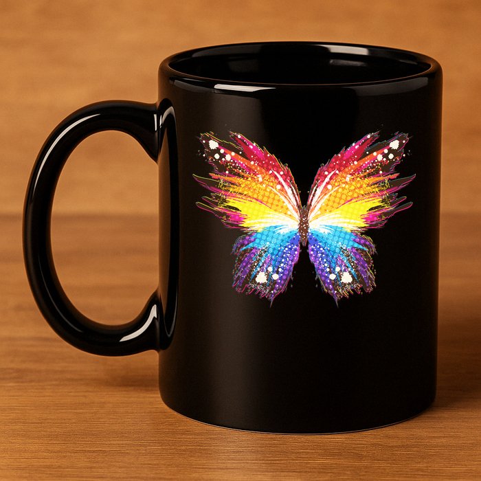 Wildly Painted Rainbow Butterfly 11oz C Handle Ceramic Mug