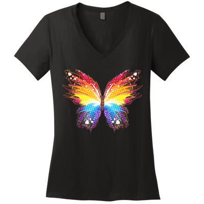 Wildly Painted Rainbow Butterfly Women's V-Neck T-Shirt