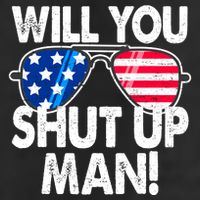 Will You Shut Up Man Biden Vs Trump Flag Sunglasses 7 Panel Mesh Trucker Snapback Hat