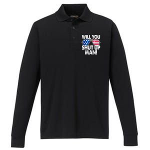 Will You Shut Up Man Biden Vs Trump Flag Sunglasses Performance Long Sleeve Polo