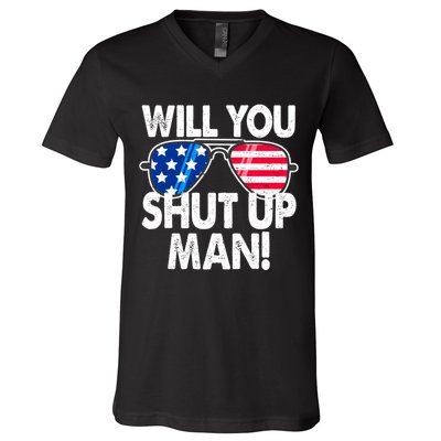 Will You Shut Up Man Biden Vs Trump Flag Sunglasses V-Neck T-Shirt