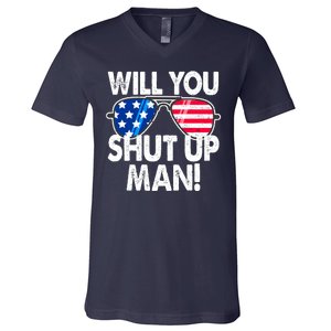 Will You Shut Up Man Biden Vs Trump Flag Sunglasses V-Neck T-Shirt