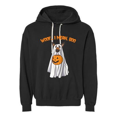 Woof I Mean Boo German Shepherd Dog Ghost Funny Halloween Raglan Baseball Tee Garment-Dyed Fleece Hoodie
