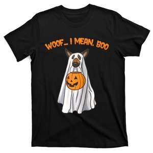 Woof I Mean Boo German Shepherd Dog Ghost Funny Halloween Raglan Baseball Tee T-Shirt