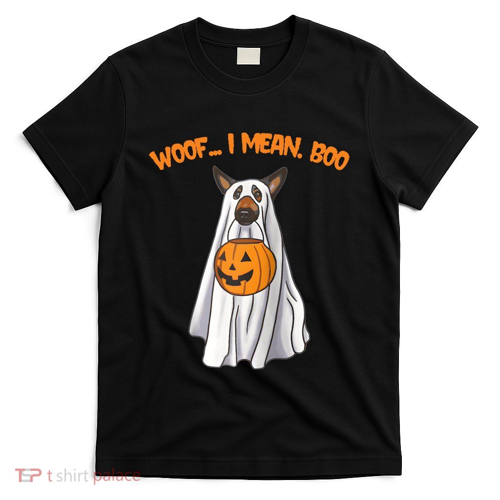 Woof I Mean Boo German Shepherd Dog Ghost Funny Halloween Raglan Baseball Tee T-Shirt