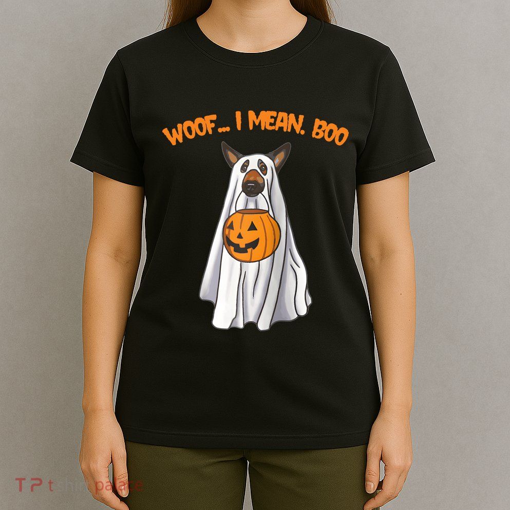 Woof I Mean Boo German Shepherd Dog Ghost Funny Halloween Raglan Baseball Tee T-Shirt
