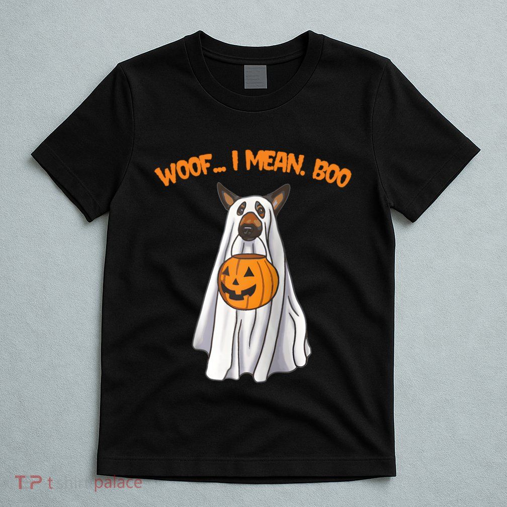 Woof I Mean Boo German Shepherd Dog Ghost Funny Halloween Raglan Baseball Tee T-Shirt
