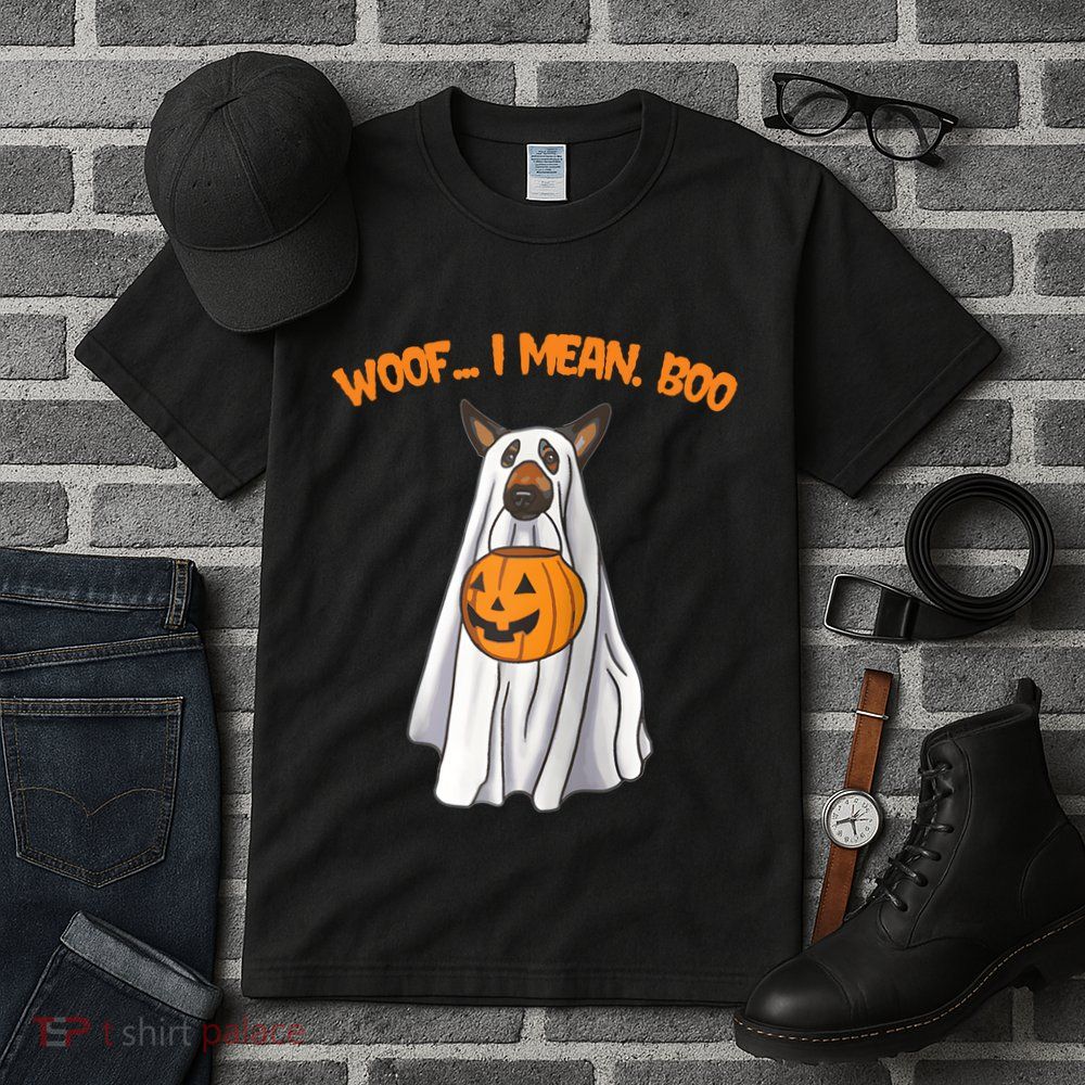 Woof I Mean Boo German Shepherd Dog Ghost Funny Halloween Raglan Baseball Tee Tall T-Shirt