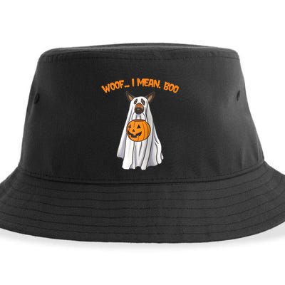 Woof I Mean Boo German Shepherd Dog Ghost Funny Halloween Raglan Baseball Tee Sustainable Bucket Hat