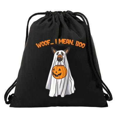 Woof I Mean Boo German Shepherd Dog Ghost Funny Halloween Raglan Baseball Tee Drawstring Bag