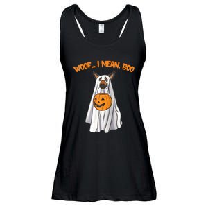 Woof I Mean Boo German Shepherd Dog Ghost Funny Halloween Raglan Baseball Tee Ladies Essential Flowy Tank