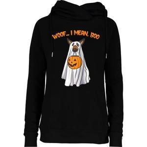 Woof I Mean Boo German Shepherd Dog Ghost Funny Halloween Raglan Baseball Tee Womens Funnel Neck Pullover Hood