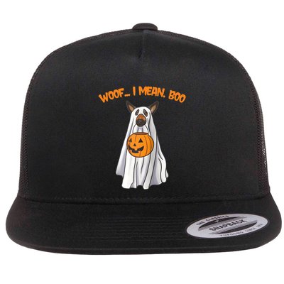 Woof I Mean Boo German Shepherd Dog Ghost Funny Halloween Raglan Baseball Tee Flatbill Hat