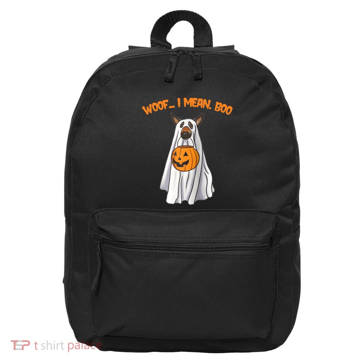 Woof I Mean Boo German Shepherd Dog Ghost Funny Halloween Raglan Baseball Tee 16 in Basic Backpack