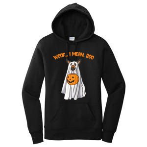 Woof I Mean Boo German Shepherd Dog Ghost Funny Halloween Raglan Baseball Tee Women's Pullover Hoodie