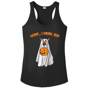 Woof I Mean Boo German Shepherd Dog Ghost Funny Halloween Raglan Baseball Tee Ladies PosiCharge Competitor Racerback Tank