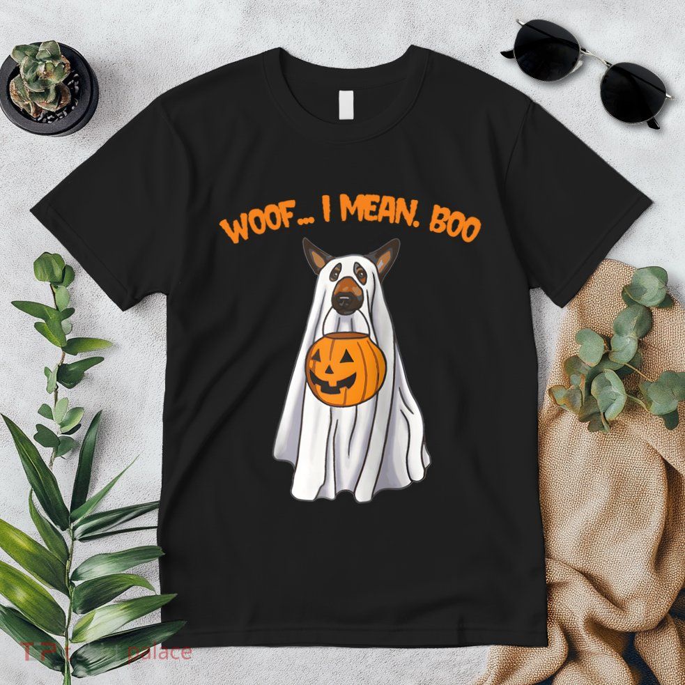 Woof I Mean Boo German Shepherd Dog Ghost Funny Halloween Raglan Baseball Tee Premium T-Shirt